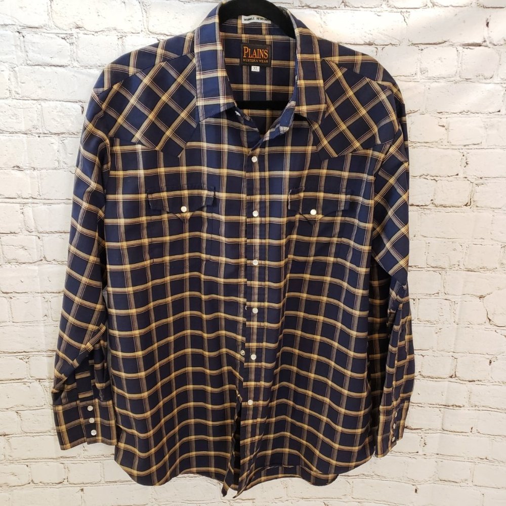 SALE PRICED!!>MENS XL PLAID WESTERN WRINKLE RESISTANT PLAINS BRAND PEARL BUTTON